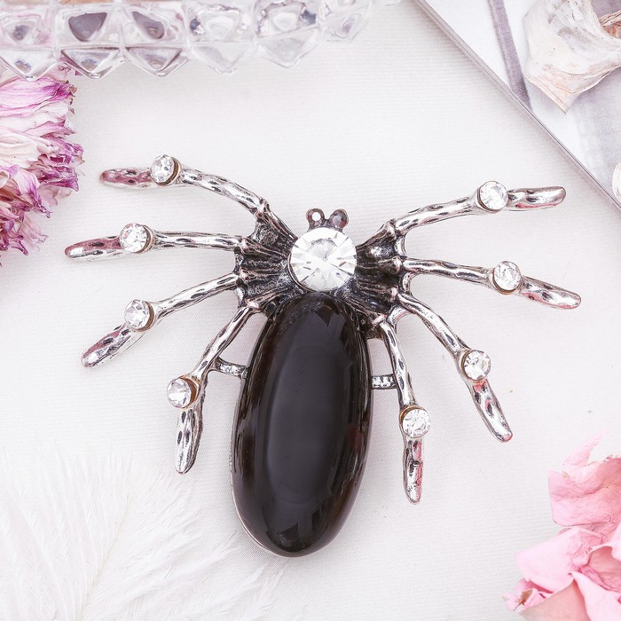 Брошь паучок "Агат чёрный" со стразами, в чернёном серебре