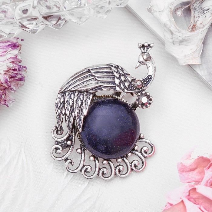 Брошь павлинушка "Авантюрин синий" в чернёном серебре