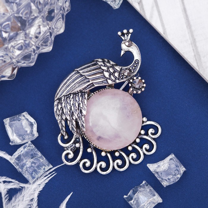Брошь павлинушка "Кварц розовый" в чернёном серебре