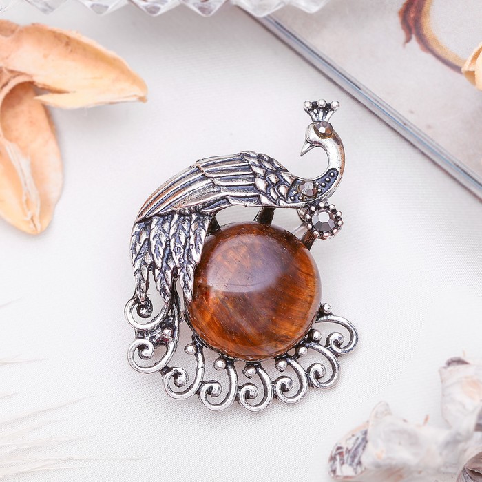 Брошь павлинушка "Тигровый глаз" в чернёном серебре