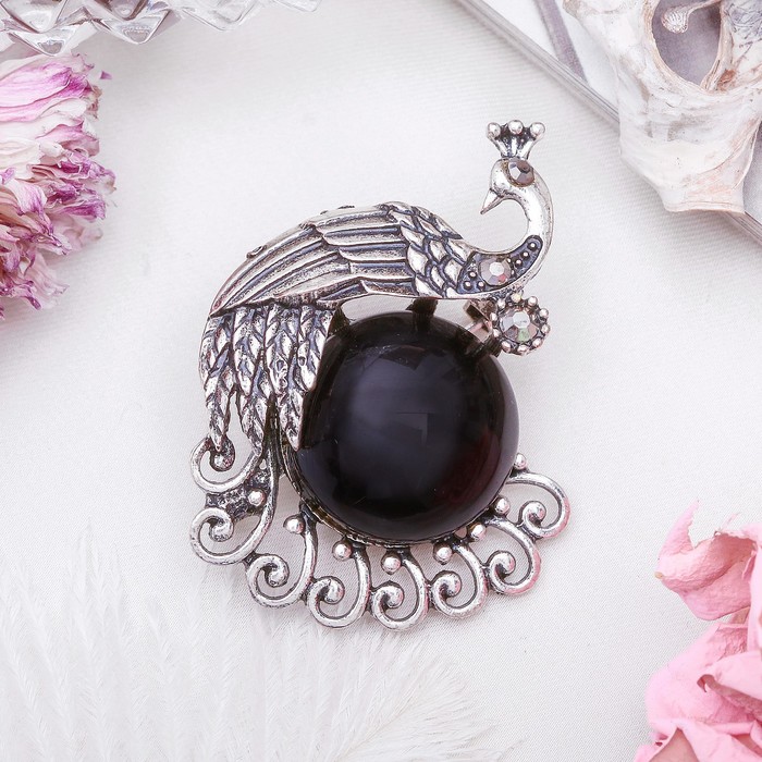 Брошь павлинушка "Агат чёрный" в чернёном серебре