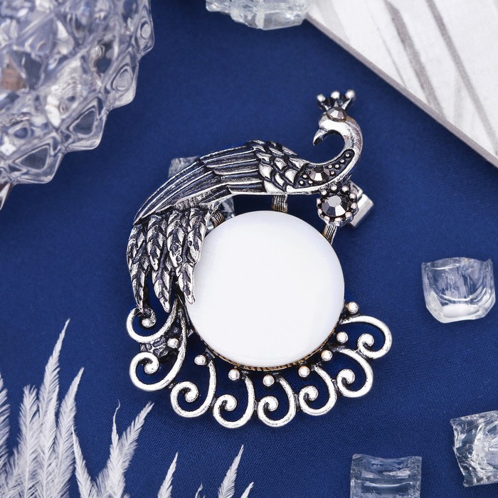 Брошь павлинушка "Перламутр" в чернёном серебре