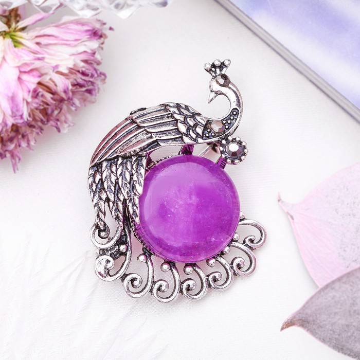 Брошь павлинушка "Аметист" в чернёном серебре