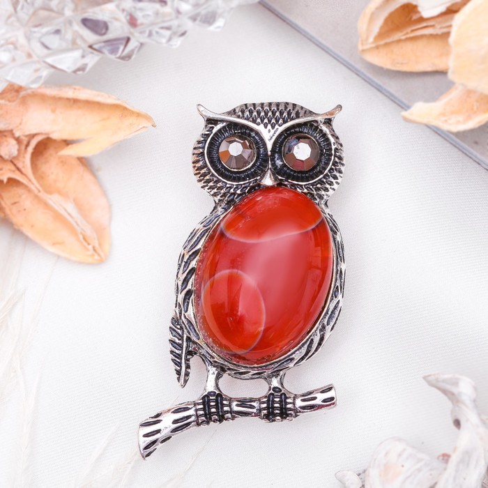 Брошь сова-полуночница "Сердолик" в чернёном серебре