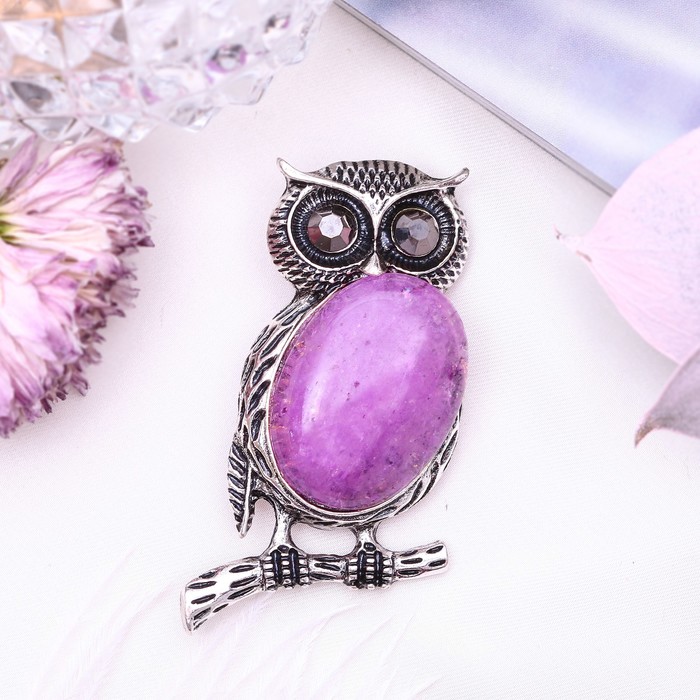 Брошь сова-полуночница "Аметист" в чернёном серебре
