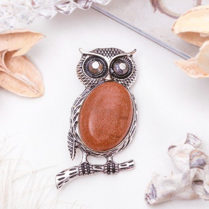 Брошь сова-полуночница "Авантюрин коричневый" в чернёном серебре