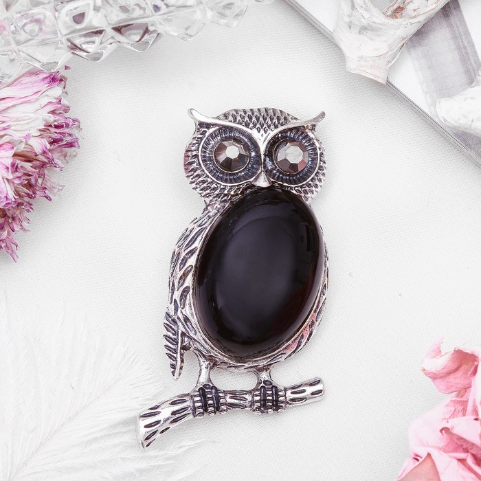 Брошь сова-полуночница "Агат чёрный" в чернёном серебре