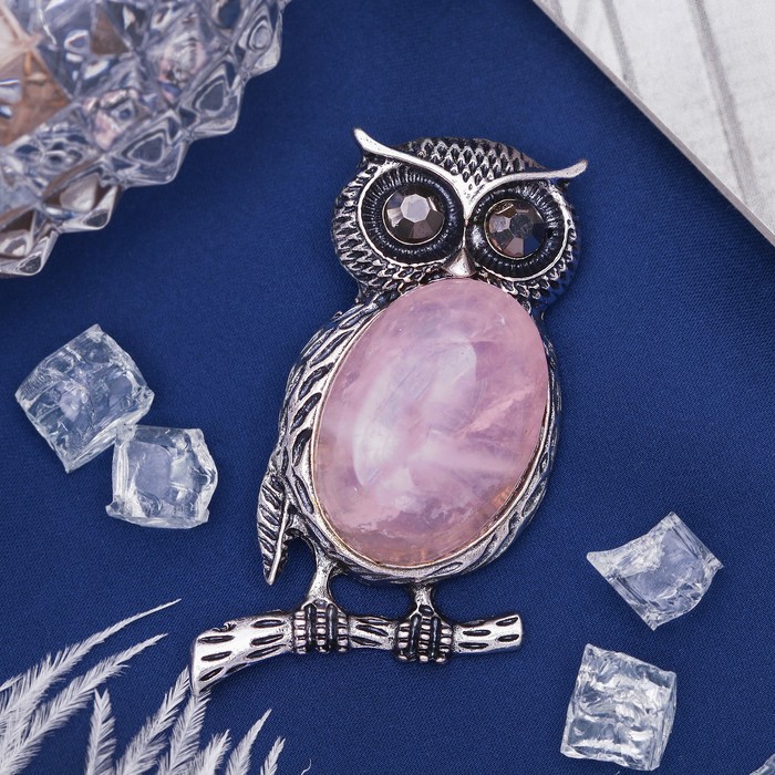 Брошь сова-полуночница "Кварц розовый" в чернёном серебре