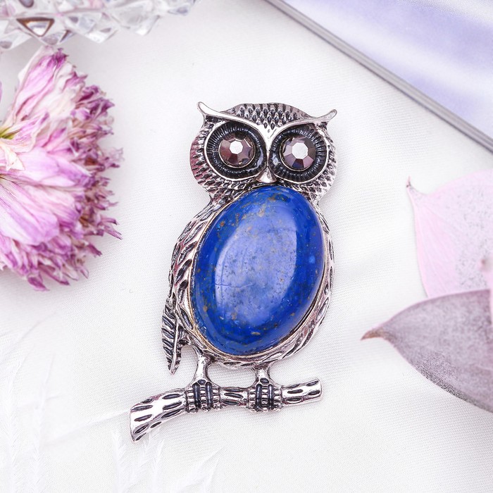 Брошь сова-полуночница "Лазурит" в чернёном серебре