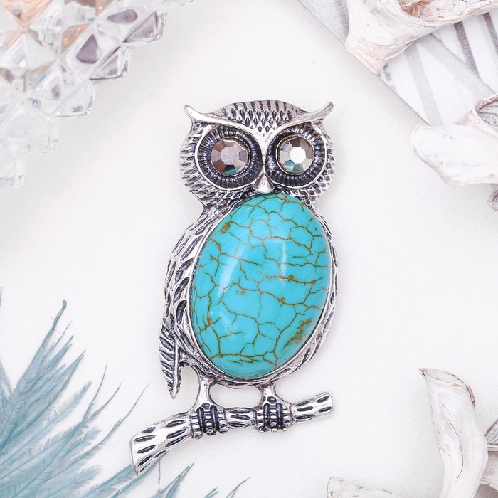 Брошь сова-полуночница "Бирюза" в чернёном серебре