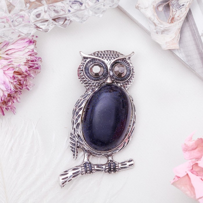 Брошь сова-полуночница "Авантюрин синий" в чернёном серебре