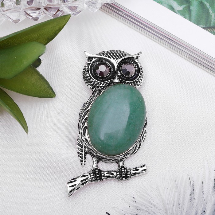 Брошь сова-полуночница "Нефрит" в чернёном серебре