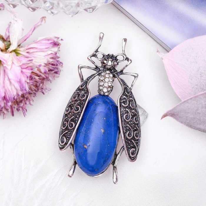 Брошь муха-цокотуха "Лазурит" в чернёном серебре