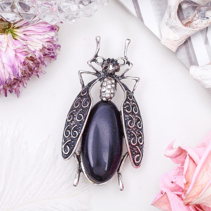 Брошь муха-цокотуха "Авантюрин синий" в чернёном серебре