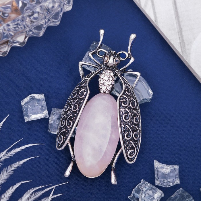 Брошь муха-цокотуха "Кварц розовый" в чернёном серебре