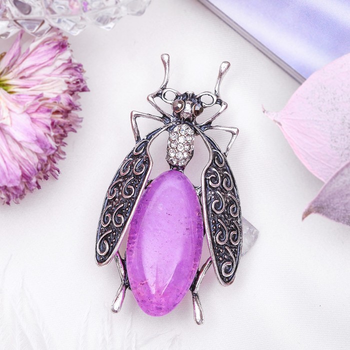 Брошь муха-цокотуха "Аметист" в чернёном серебре