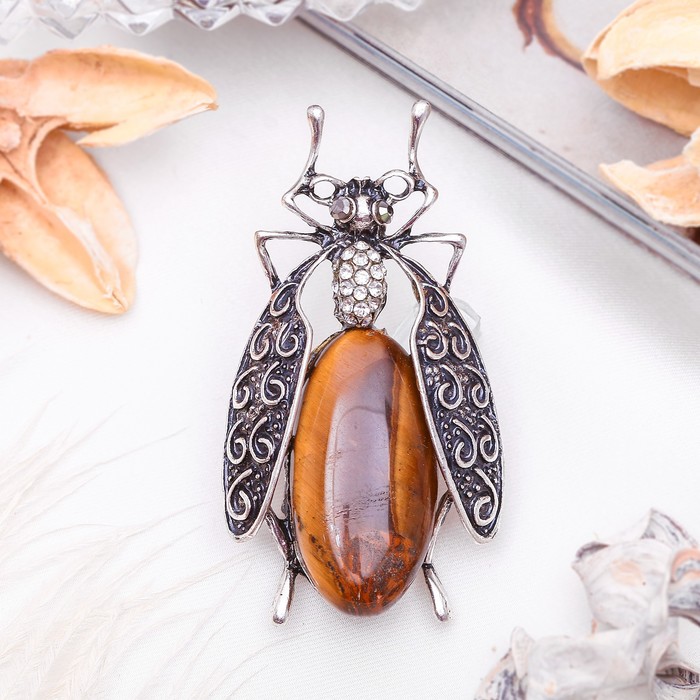 Брошь муха-цокотуха "Тигровый глаз" в чернёном серебре