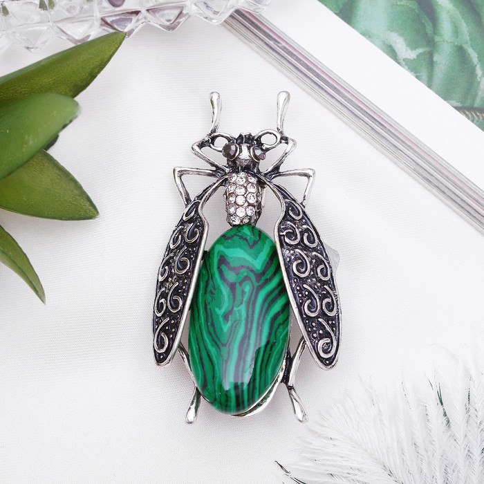 Брошь муха-цокотуха "Малахит" в чернёном серебре