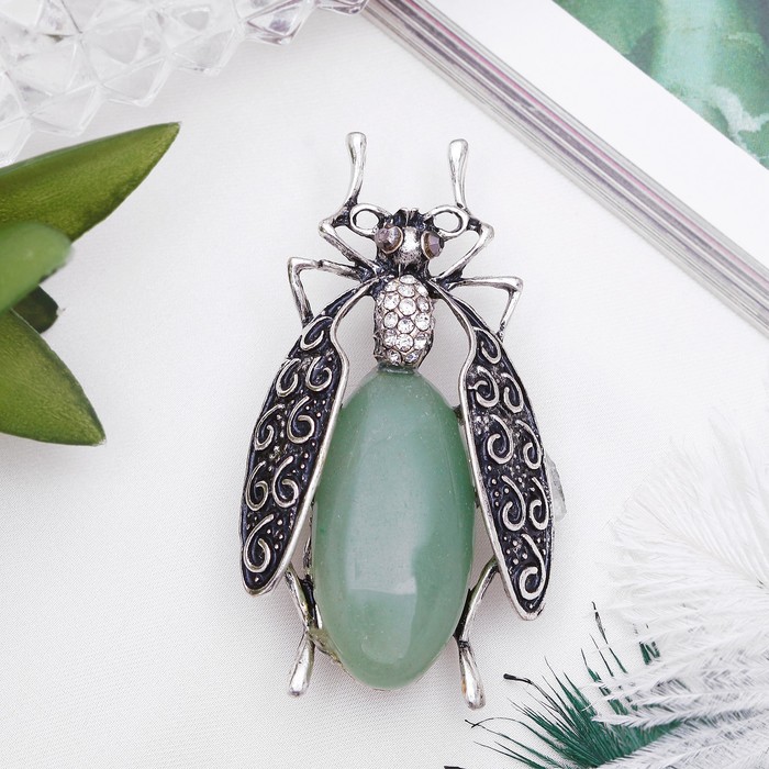 Брошь муха-цокотуха "Нефрит" в чернёном серебре