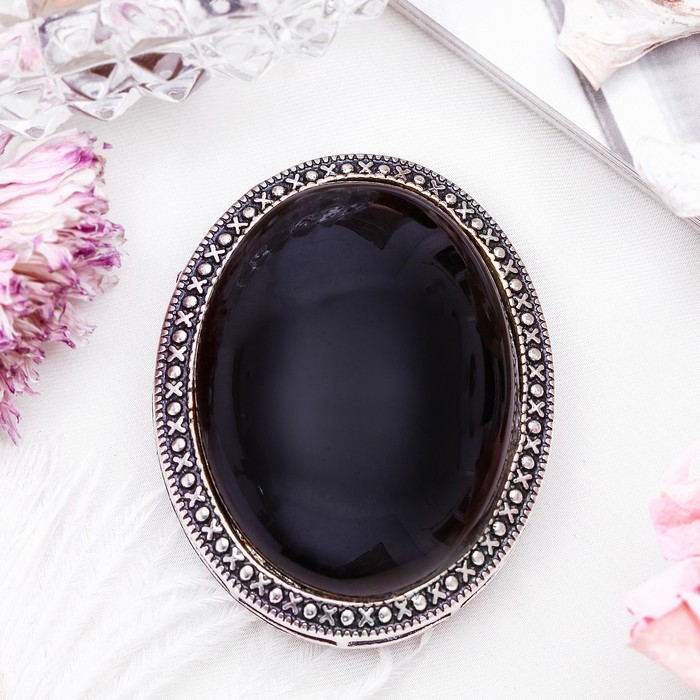 Брошь овал в металлической оправе "Агат чёрный" в чернёном серебре