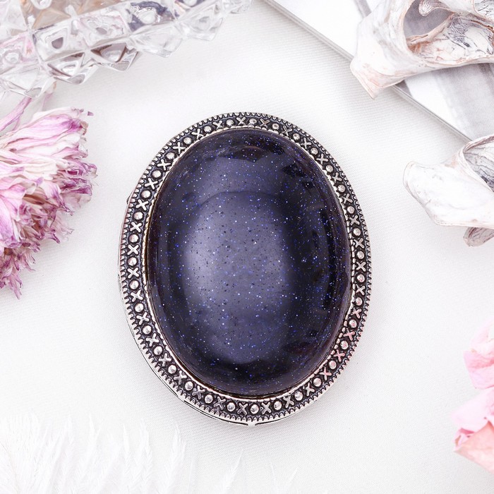 Брошь овал в металлической оправе "Авантюрин синий" в чернёном серебре