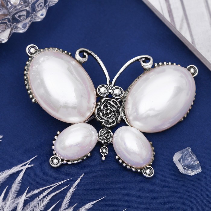 Брошь бабочка макси "Жемчуг речной" в чернёном серебре