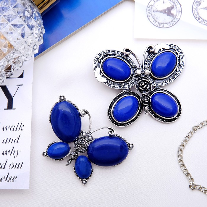 Брошь бабочка макси "Лазурит" в чернёном серебре, форма МИКС