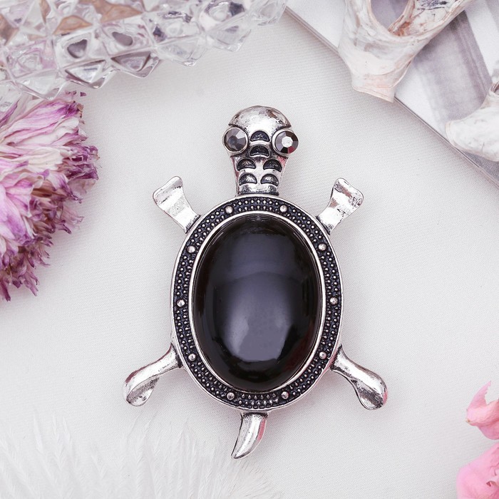 Брошь черепаха "Агат чёрный" в чернёном серебре