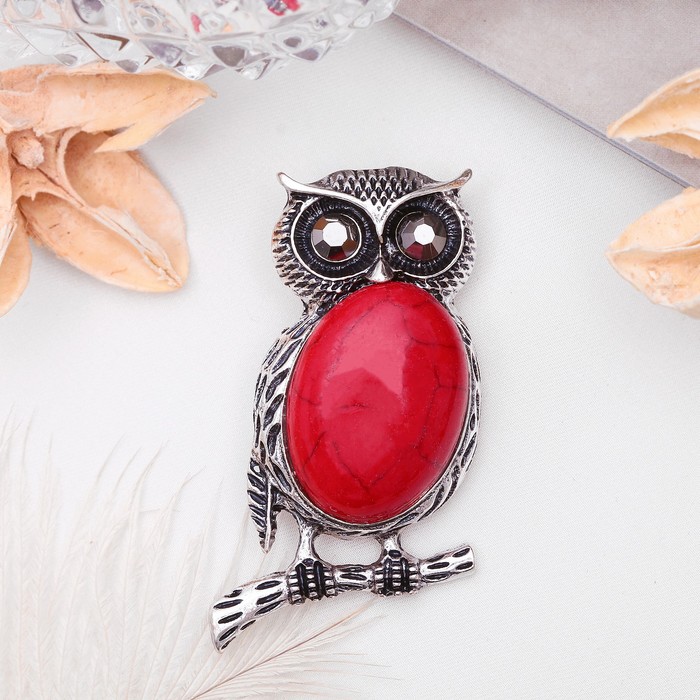 Брошь сова-полуночница "Коралл" в чернёном серебре
