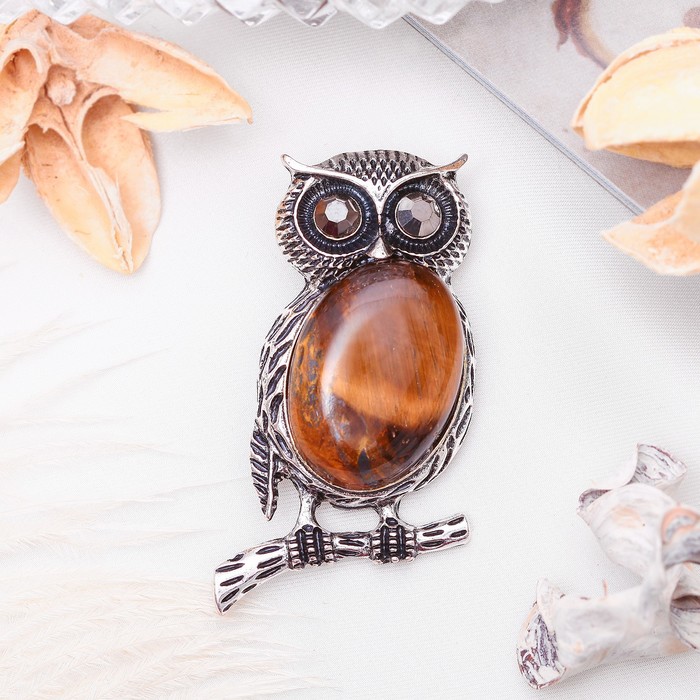 Брошь сова-полуночница "Тигровый глаз" в чернёном серебре