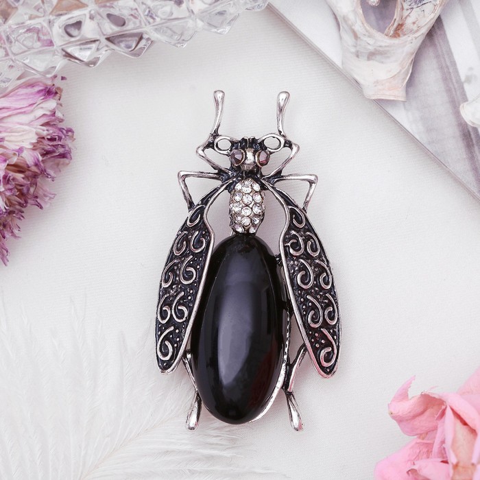 Брошь муха-цокотуха "Агат чёрный" в чернёном серебре