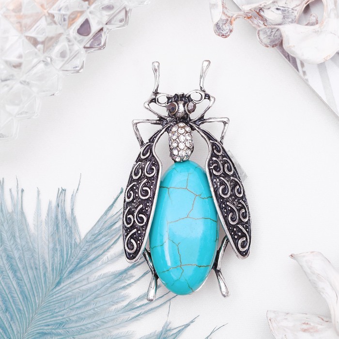 Брошь муха-цокотуха "Бирюза старая" в чернёном серебре
