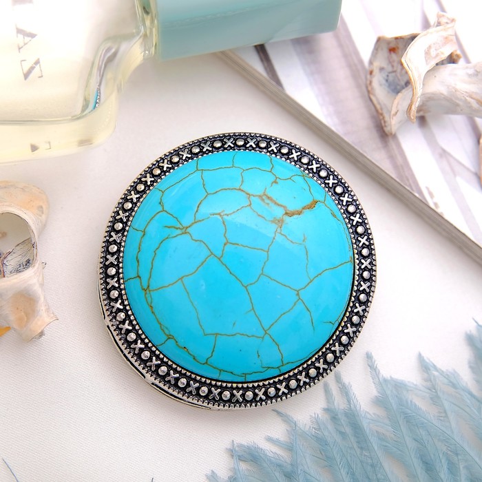 Брошь круг в металлической оправе "Бирюза" в чернёном серебре