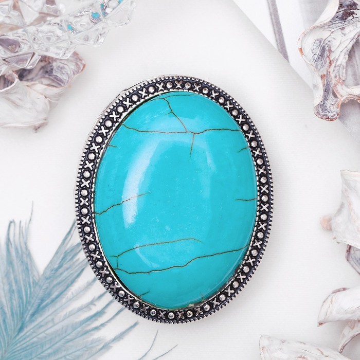 Брошь овал в металлической оправе "Бирюза" в чернёном серебре