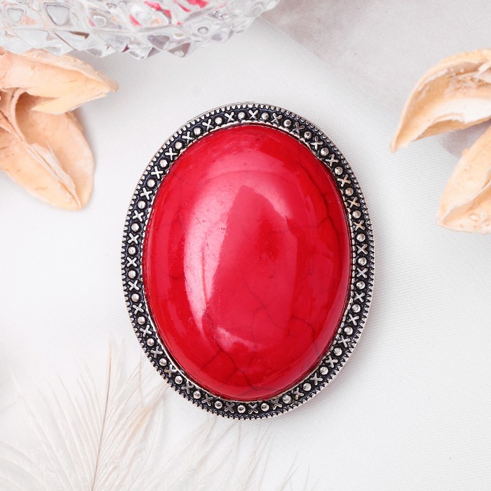 Брошь овал в металлической оправе "Коралл" в чернёном серебре