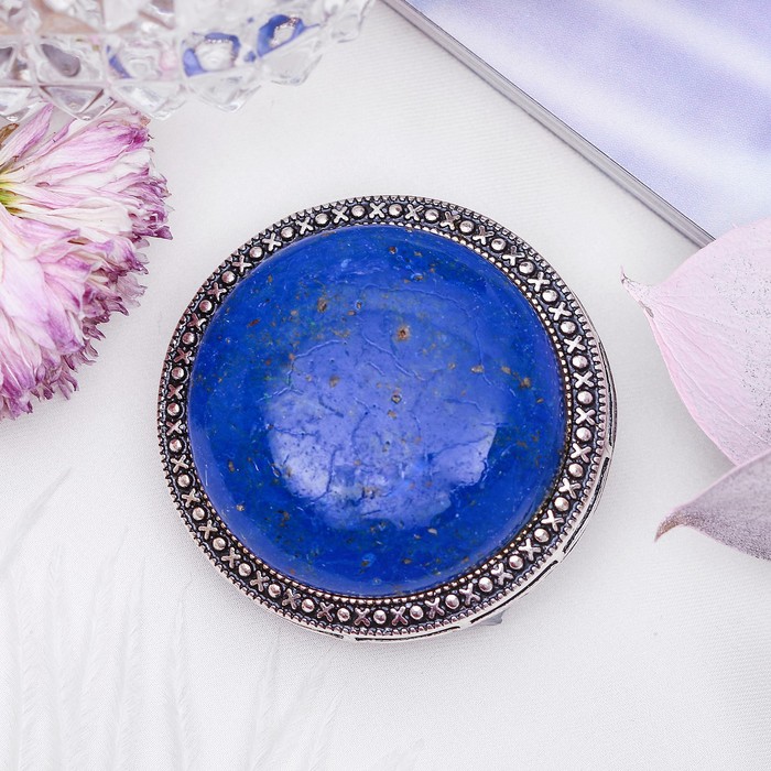 Брошь круг в металлической оправе "Лазурит" в чернёном серебре