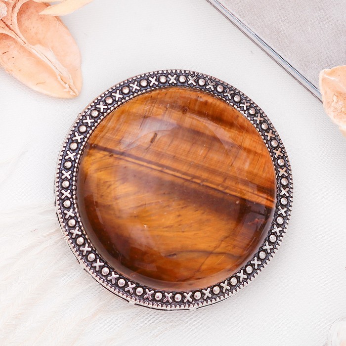 Брошь круг в металлической оправе "Тигровый глаз" в чернёном серебре