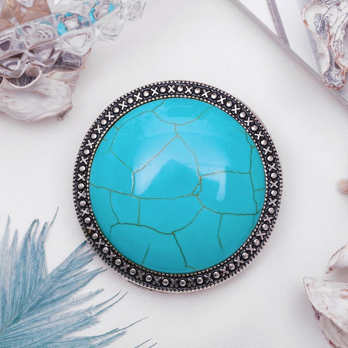Брошь круг в металлической оправе "Бирюза" в чернёном серебре