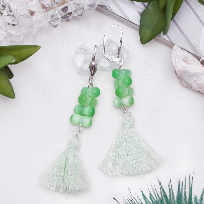 Серьги-кисти "Кошачий глаз" шарики, цвет зелёный