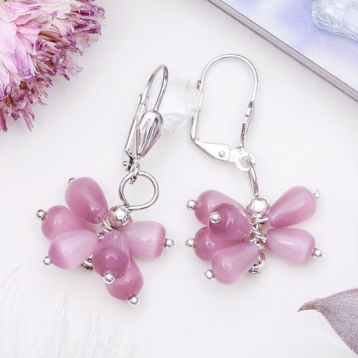 Серьги "Кошачий глаз" гроздь капель, цвет розовый