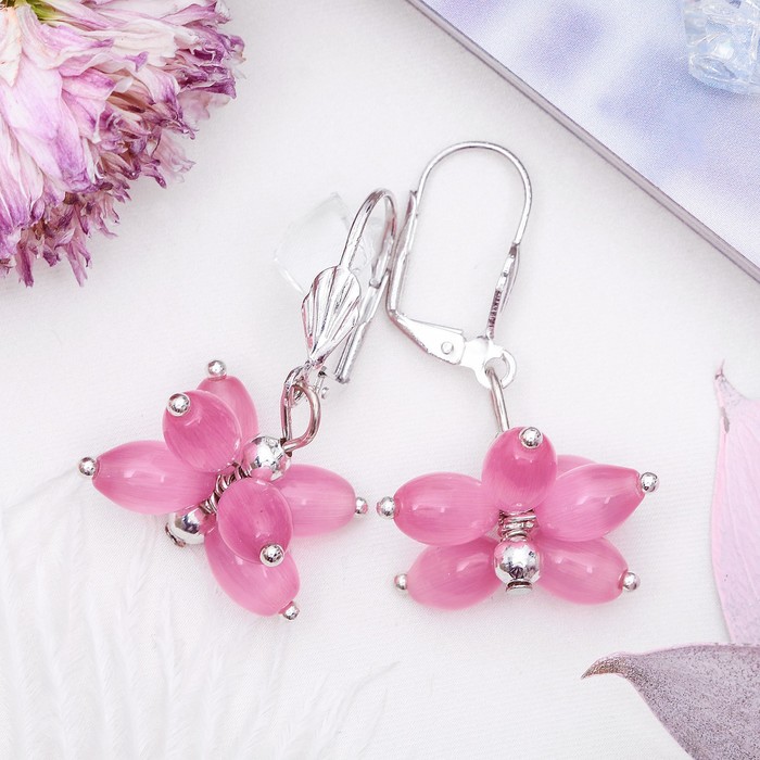 Серьги "Кошачий глаз" гроздь капель, цвет розовый