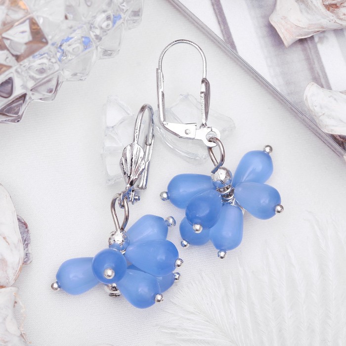 Серьги "Кошачий глаз" гроздь капель, цвет синий