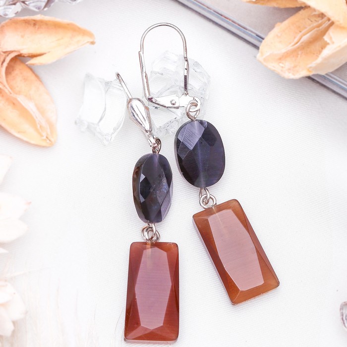 Серьги овал с прямоугольником "Кошачий глаз", цвет чёрно-коричневый