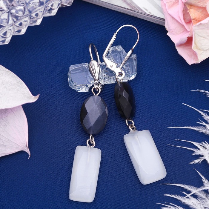 Серьги овал с прямоугольником "Кошачий глаз", цвет чёрно-белый