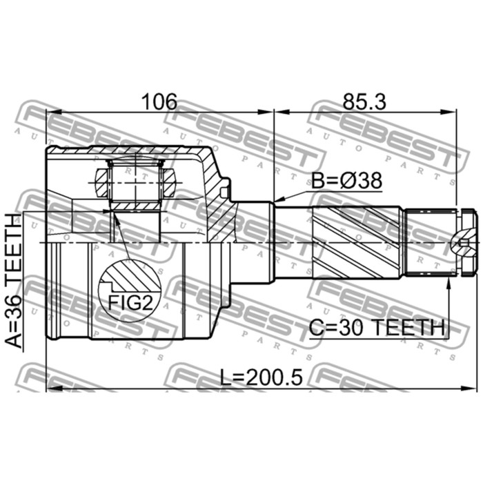 Шрус внутренний правый 36x38x30 febest 0511-bt50rh