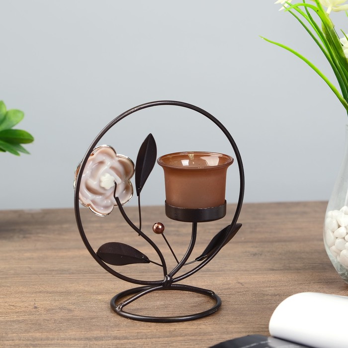 подсвечник металл 1 свеча цветок кофе с жемчужиной в круге h=17