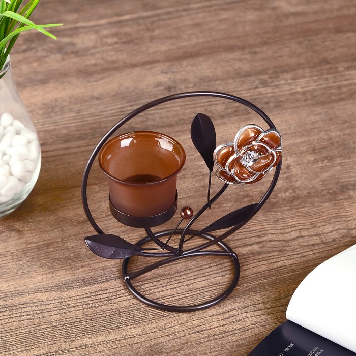 подсвечник металл 1 свеча цветок кофе с жемчужиной в круге h=17