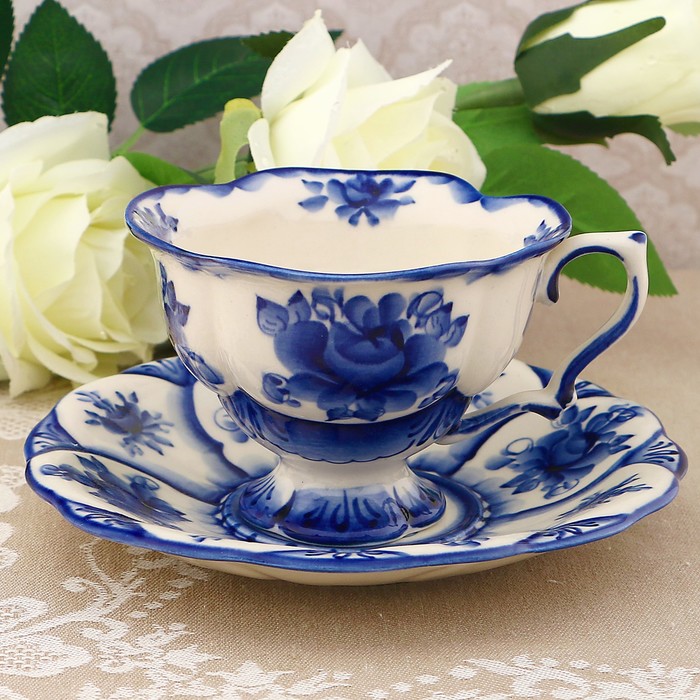 Чайная пара «Лилия», 8 см, гжель