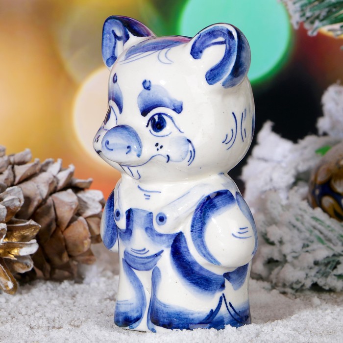 Сувенир «Поросёнок Стёпка», большой, 10 см, гжель
