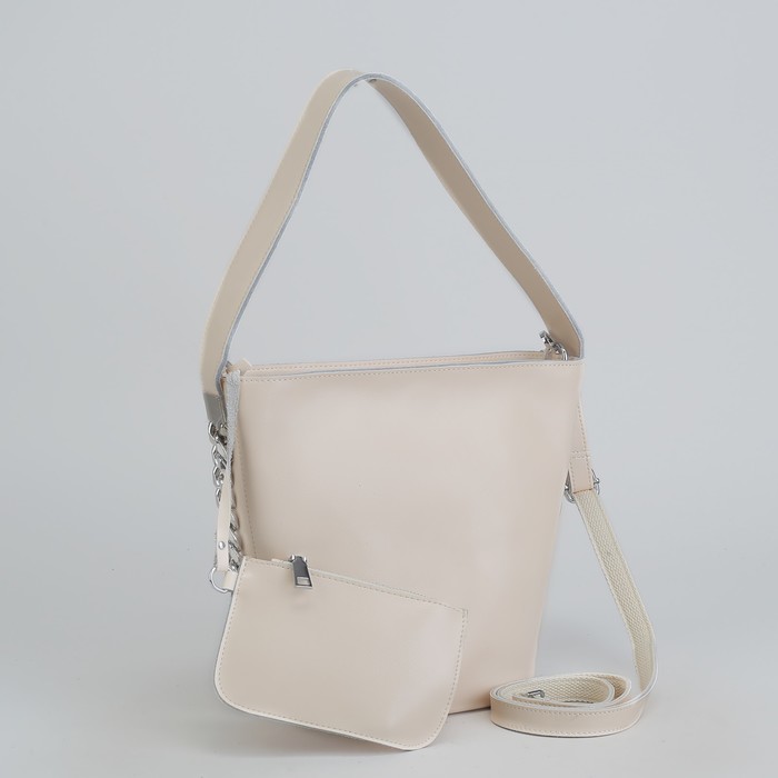 Сумка женская, отдел с перегородкой, длинный ремень, с кошельком, цвет молочный